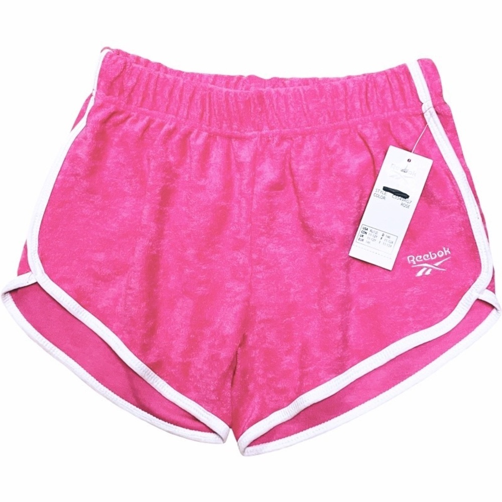NWT REEBOK Girls Terry Pink Shorts SZ XL 12 Pull On Elastic Waist LOGO 3” Inseam